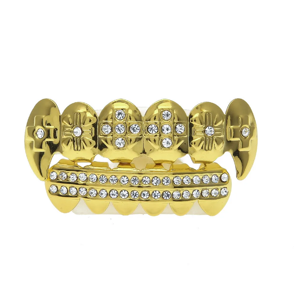 1 Pair Hip hop Teeth 6 Tooth Gold plated Hip Hop Teeth Cap with Diamond Dental Jewelry Braces