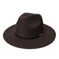 LUCKYLIANJI Ретро Для женщин Для мужчин Винтаж 100% шерсть широкими полями Кепки Fedora панама джаз шляпа-котелок черный кожаный ремешок (57