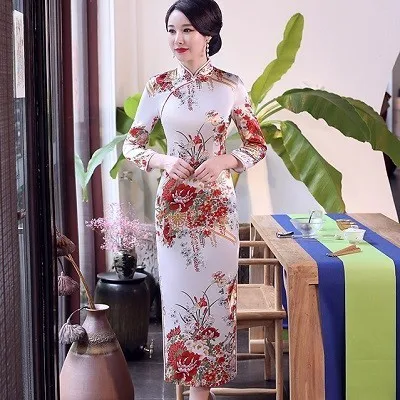 SHENG COCO китайское традиционное платье Cheongsam Qipao с длинным рукавом женское темно-синее длинное вечернее Ципао Drees размера плюс 6XL - Цвет: Бежевый