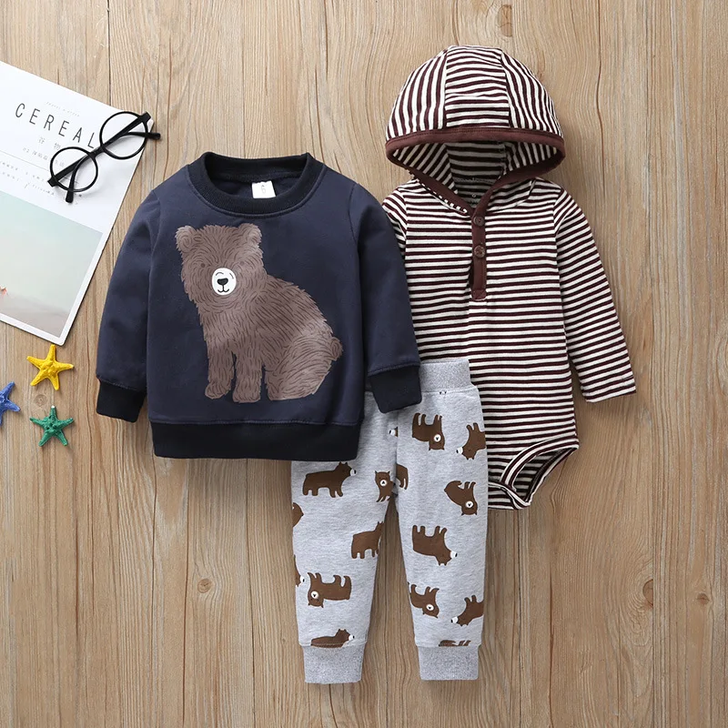 3PCS Infant Baby Clothing Sets Winter Bear zipper Coat Sweater+Pants+Bodysuit Newborn Baby Boy Girl Clothes Outfit 3-6M-24M - Цвет: 11