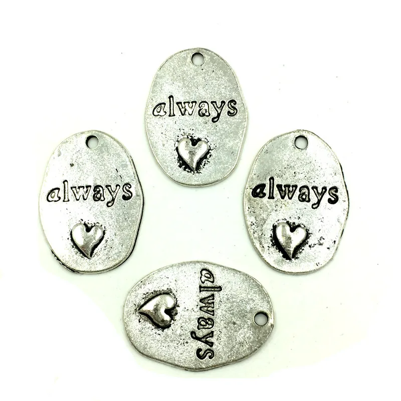 

20Pcs Antique Silver Tone Oval "always love" Heart Charms Pendants Jewelry Making 24x18mm