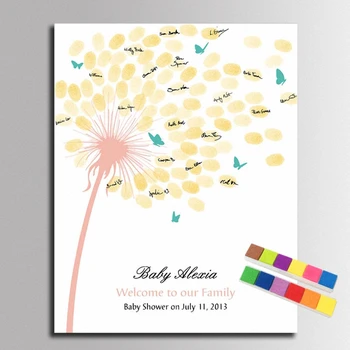 

Baby Shower Decor DIY Guest Book Finger Painting Pink Dandelion Canvas Prints Attendance for Comunion Party Decor Souvenir