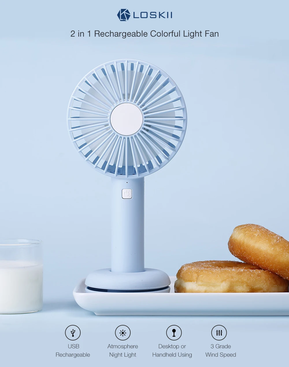 Loskii HF-202 Portable Desktop Handheld Doughnut Design Base LED Night Light USB Rechargeable 3 Grade Adjustment Fan