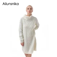 

Ailunsnika Autumn Winter Women Sweater Dress Fashion Casual Long Sleeve Turtleneck Warm Soft Long Sweater pull femme hiver SW137