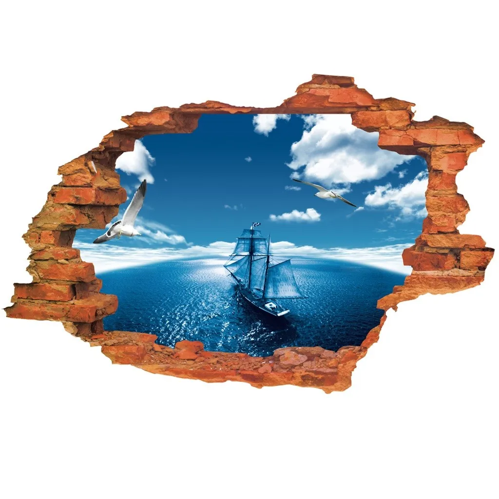

Breaken Wall 3D Wall Stickers Colorful Ship Home Decoration living room background Mountain Scenery Broken Hole The Door Sticker