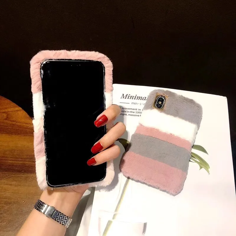 Girl Cute Rabbit Fur Plush Case For iPhone X XS 6S 7 8 Plus Silicone Winter Warm Back Cover Case For iPhone XS Max Fourrure Case (4)