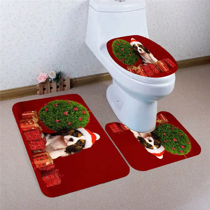 3PCS Christmas Bathroom Non-Slip Pedestal Rug + Lid Toilet Cover + Bath Mat Set Flannel Bottom Add a festive life #2n15 (21)