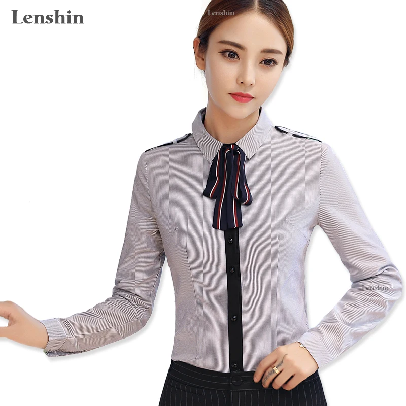 Lenshin Striped Epaulet Shirt Women Tie Blouses Office Lady Female ...