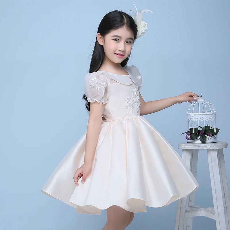 champnge appliques flower girl dresses for wedding birthday party puff sleeve doll collar ball gown pageant
