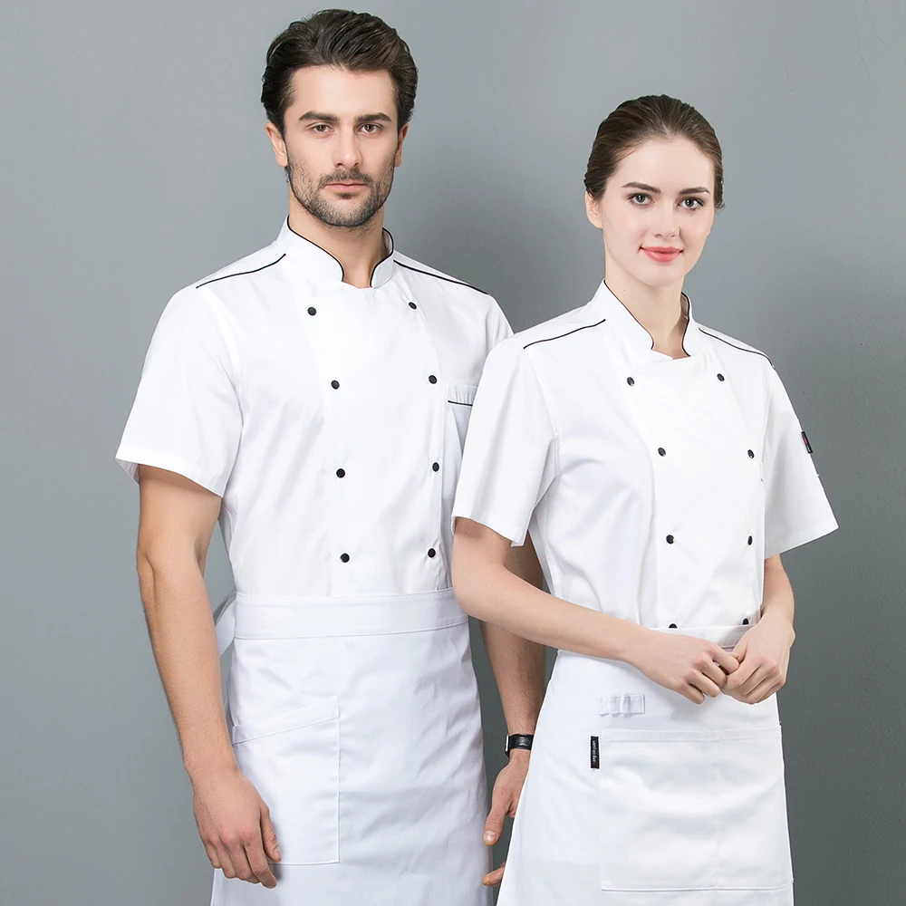 White Высококачественная Униформа шеф-повара 2 цвета с коротким рукавом летняя куртка кухня ресторан отель выпечка кафе питание унисекс комбинезоны - Цвет: White