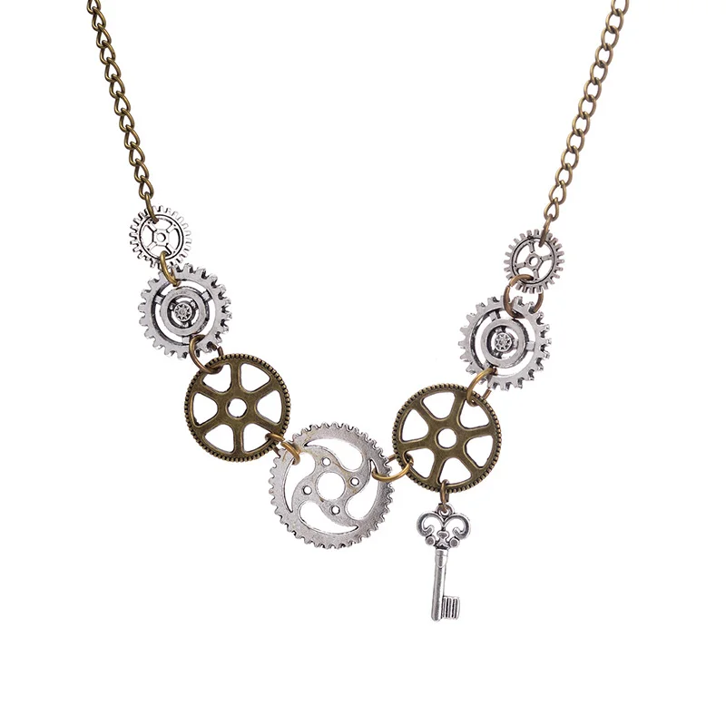 

Fashion Retro Steampunk Gear Key Pendant Necklace For Women Men Gold Chain Vintage Antique Jewelry Steam Punk Jewelery
