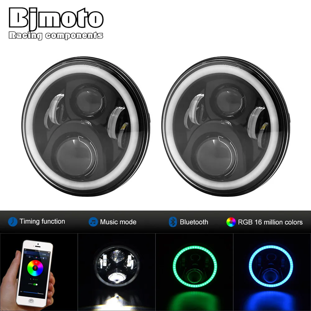 

Pair 7"Round LED Headlight CellPhone Control hi/lo Beam Headlights with Angel Eye For Jeep Wrangler Land Rover Defender Hummer