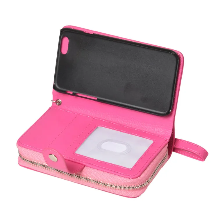 

lichi skin phone bag Zipper phone Wallet PU Leather Case Cover For Apple iPhone 6plus with Wristband phone case for iphone 6plus