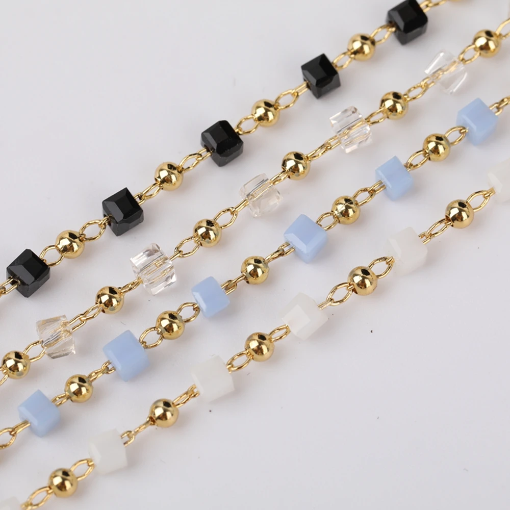 

Plated Gold Copper Links Glass Cube Bead Chains,3mm Faceted Square Blue Color Glass Wire Wrapped Chains Jewelry HX-LT-227AMI