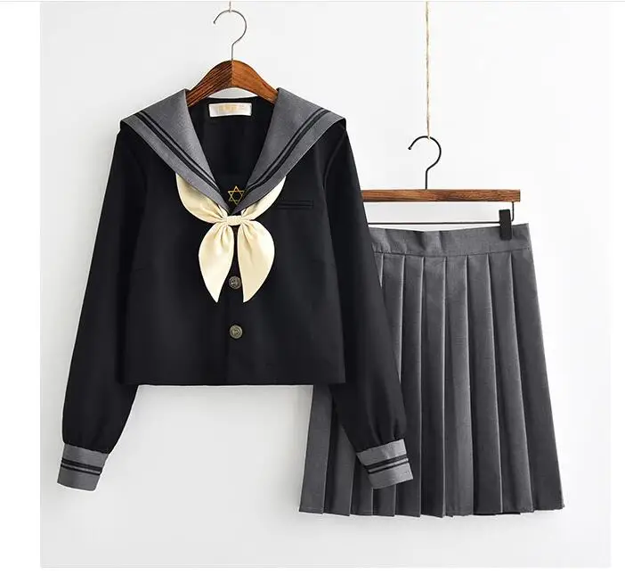 Японская школьная форма для девочек, милая Лолита, моряк, Корейская униформа, косплей, рубашка с длинными рукавами, плиссированная юбка, студенческий комплект - Цвет: Черный