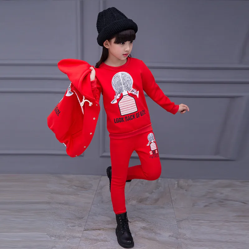 Зимняя одежда для девочек комплекты детской одежды спортивный костюм из 3 предметов для девочек: пальто с надписью+ футболка+ длинные штаны комплект хлопковой одежды для девочек, R38 - Цвет: Красный