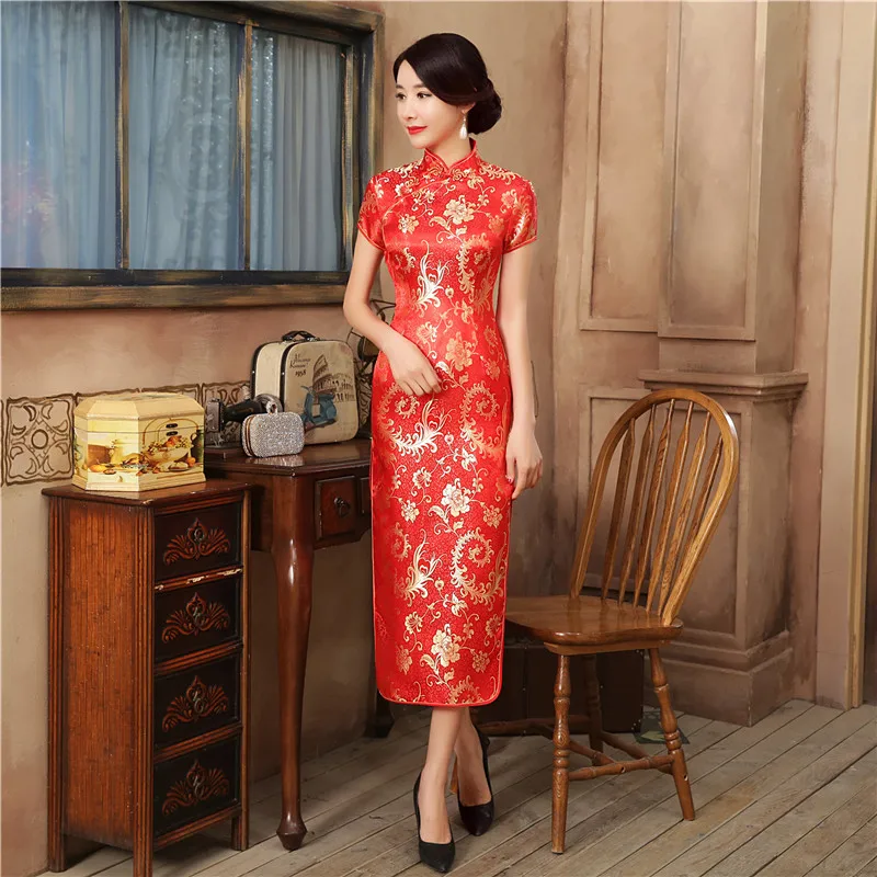 Шанхай история Атлас Китайская традиционная Костюмы китайский стиль платья Cheongsam короткий рукав красный дракон Qipao для Для женщин