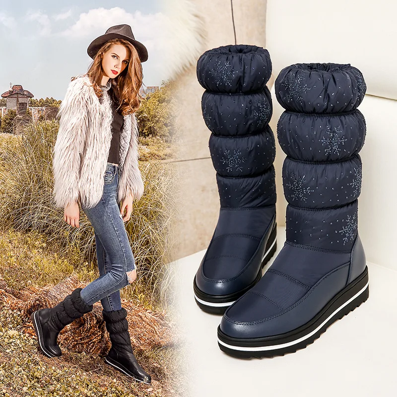 

Down Fabric Women Snow Boots Winter Warm Shoes Waterproof Plush Wedge Platform Boots Elastic Band Plus Size Female Shoes ABT1076