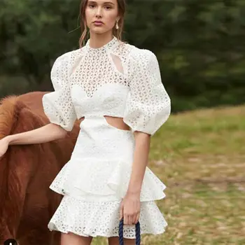 

Autumn 2019 Mini Celebrity Puff Sleeve O Neck Dress Hollow out Elegant Lace Night Club High Quality Mesh Dresses Wholesale