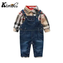 Kimocat new next baby boy clothes spring and autumn Cotton gentlemen’s plaid shirts + Denim overalls