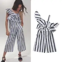 Малыш Девушка полосы в целом рюшами с открытыми плечами для маленьких девочек комбинезон длинные брюки детская модная одежда От 3 до 10 лет летние