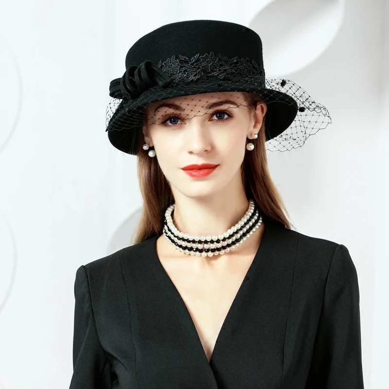 

100% Wool Hats With Veil Ladies Black Fascinators For Women Elegant Wedding Party Derby Church Cocktail Hat Fedora M662