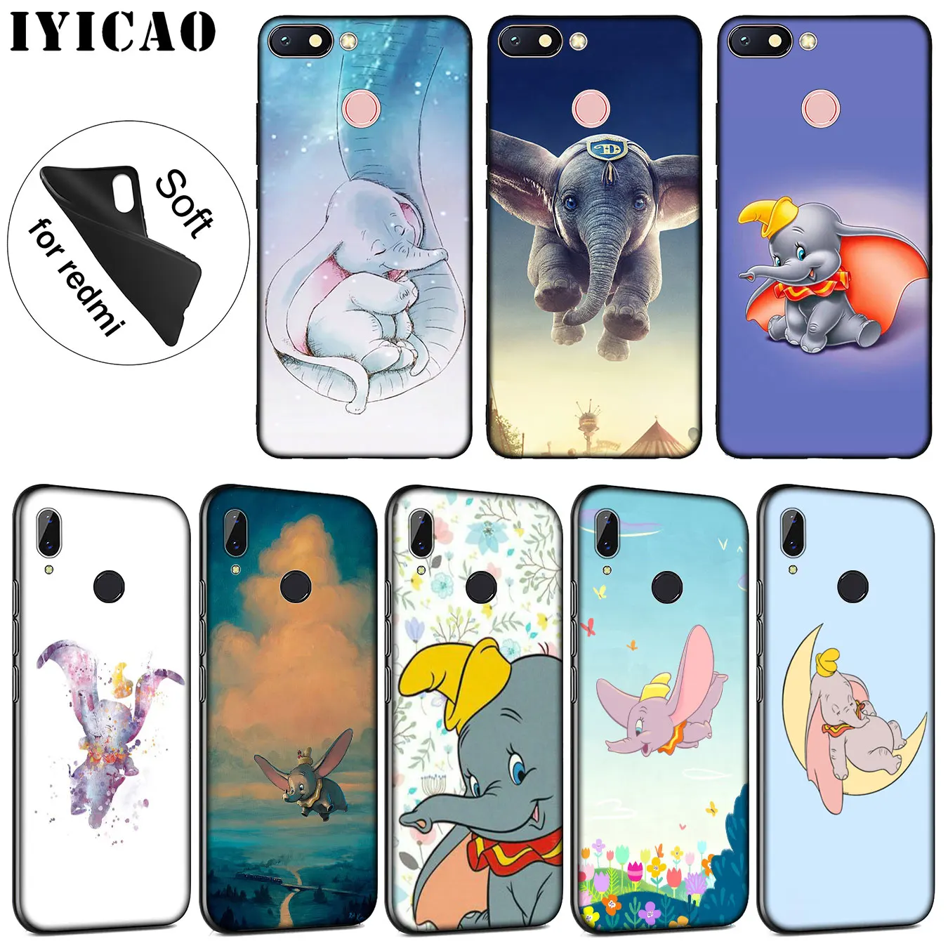 

IYICAO Dumbo elephant Soft Silicone Phone Case for Xiaomi Redmi 6A 5A S2 GO Note 7 4 4X 5 Plus 6 Pro Black TPU Cover