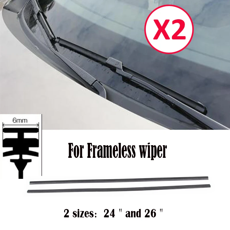 

Misima 2Pcs Rubber Bracketless Wiper Blade Refill 6mm 24" Or 26" Windshield Windscreen Frameless Wiper Refills Front Window