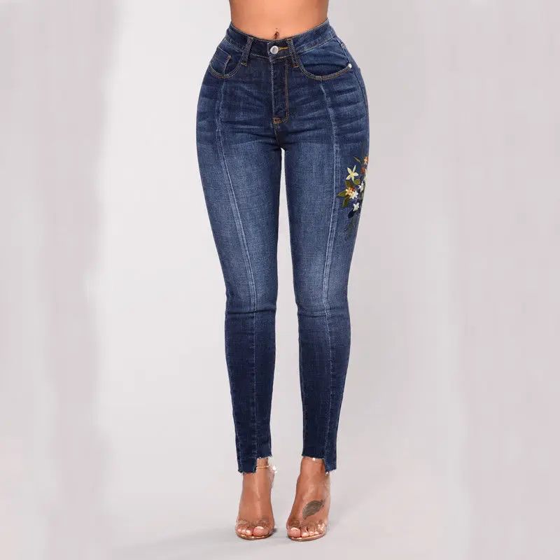 Fashion Embroidered Women Pencil Jeans Scratched Denim