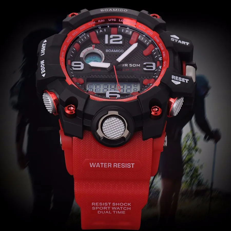 BOAMIGO Luxury Men's Watch LED  Analog Digital Plastic Military Watches Sport Quartz Wristwatches Dual Display Red Rubber Strap (6)