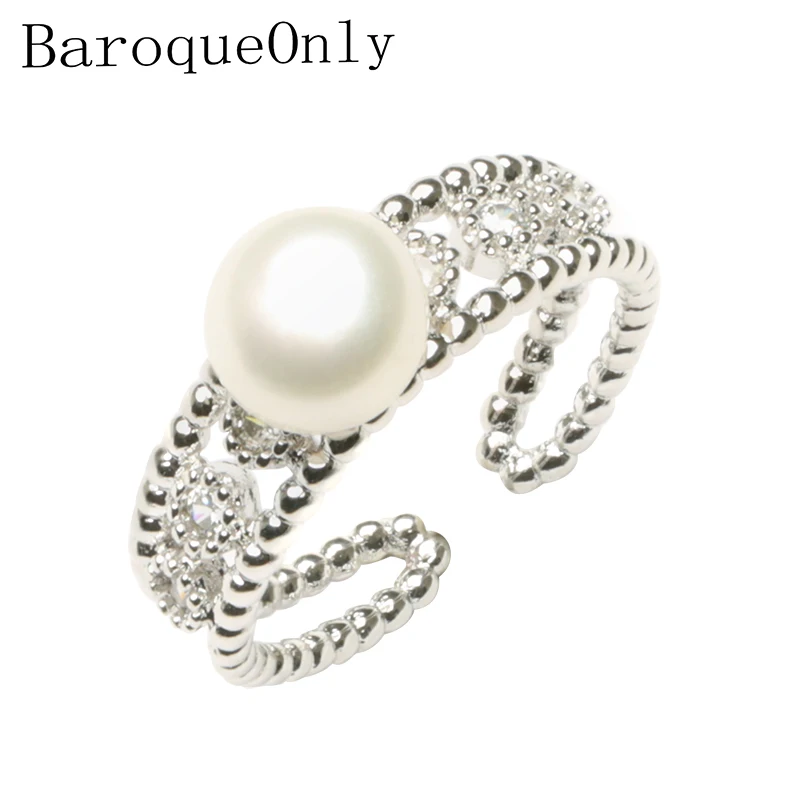 BaroqueOnly, изящные круглые кольца, 925 пробы, серебряное кольцо, натуральный жемчуг, многоцветные ювелирные изделия, регулируемые кольца с цирконием для женщин