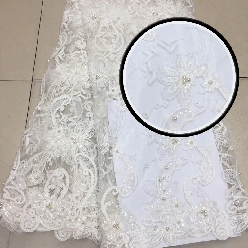 

Beads Lace Fabric High quality 2018Popular African French Net Lace Sequence Lace Fabric In White For Wedding Dress laceMD512