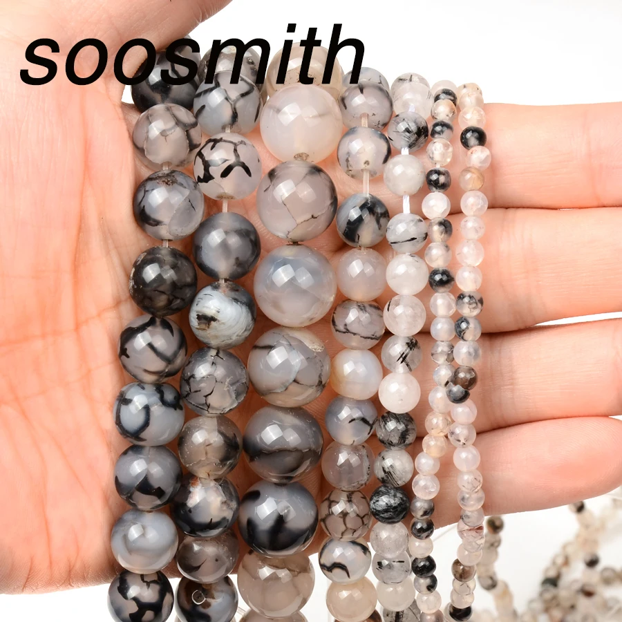 

soosmith Wholesale Black Crackle Agates Stone Bead Loose Round Beads For Jewelry Making 15inches Natural Stone Beads 4-12MM Diy