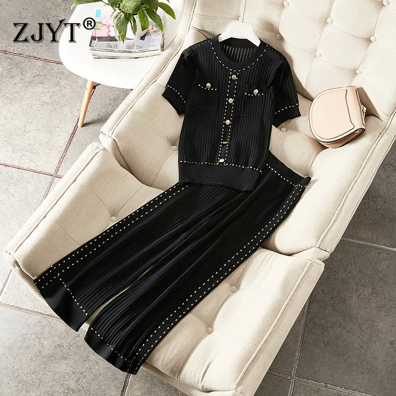 

High Quality Designer Women 2 Piece Tracksuit Set 2019 Summer Short Sleeve Knit Top and Pants Suit Matching Set Casual Outfits
