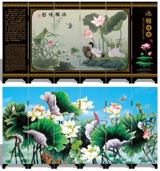 

MINI Folding Screens 6 Joined Panels Decorative Painting Wood Byobu Alias Water Lotus Surplus Year After Year Water-lilies Fish