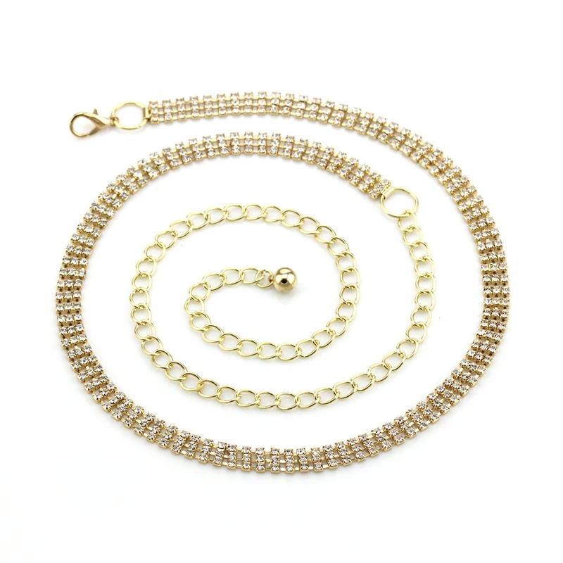 

Womens Rhinestone belt Golden Ladies fashion Luxury Female Metal Bright Bride Crystal Diamond Belt for evening dress chain