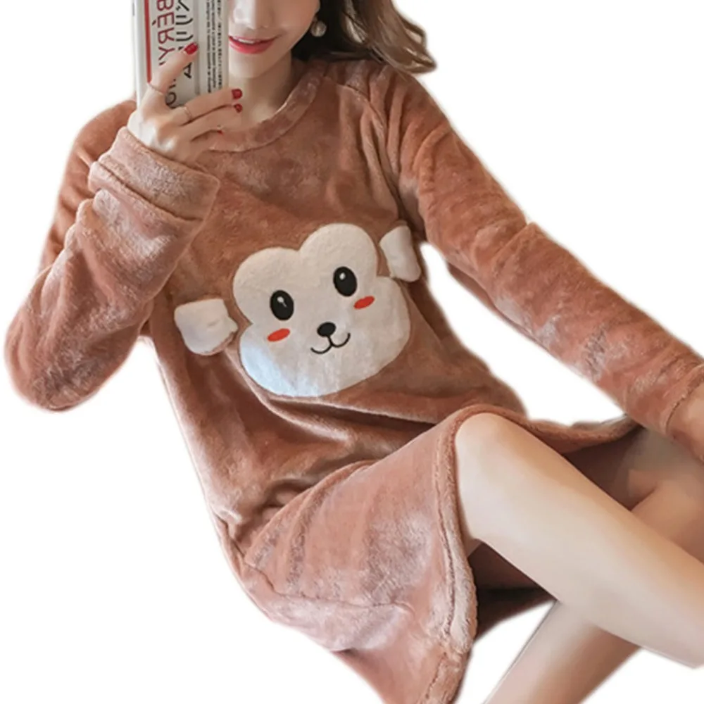 Женская зимняя плотная фланелевая ночная рубашка с длинным рукавом, милая Пижама с рисунком медведя из мультфильма, милая Студенческая свободная одежда до колен