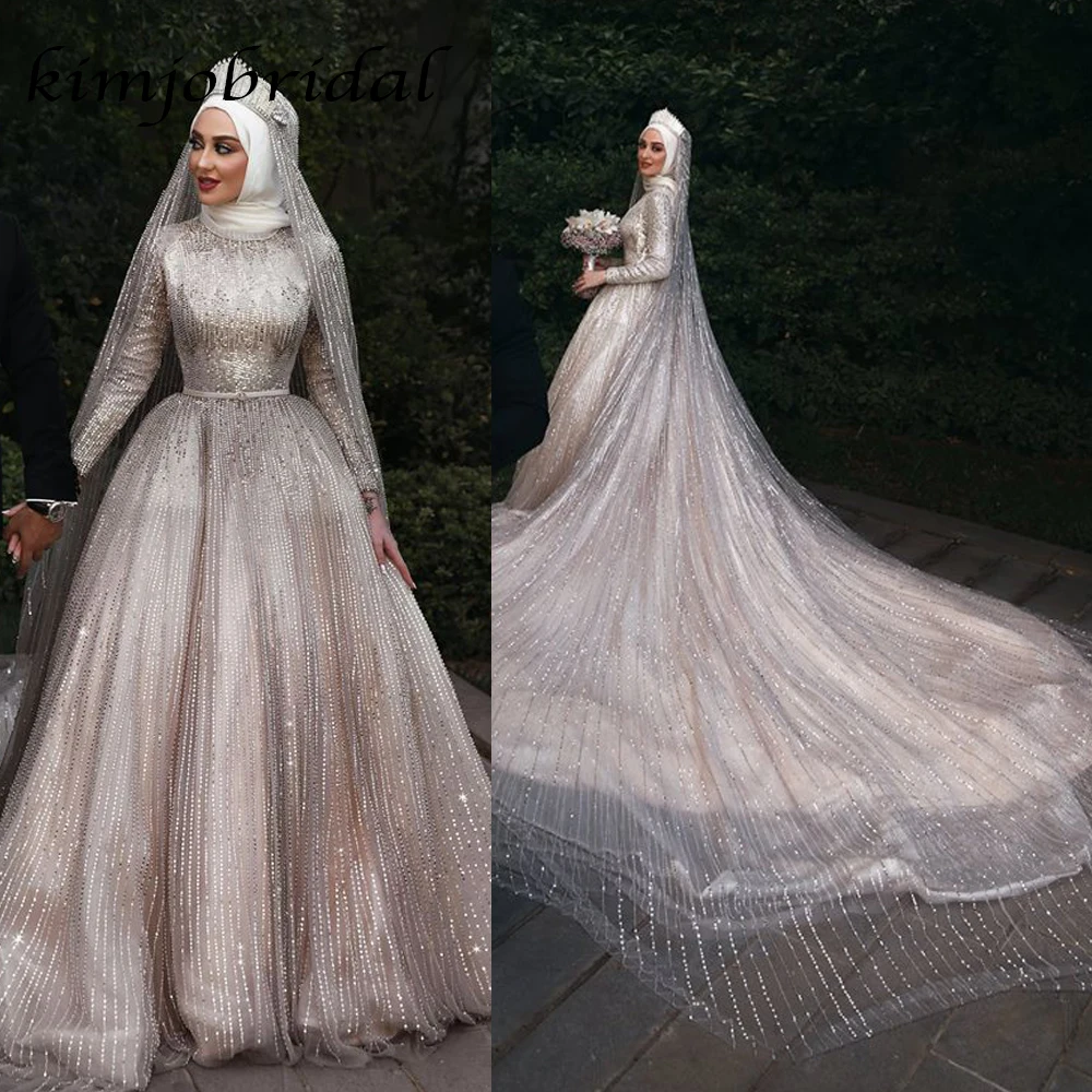 SuperKimJo свадебные платья, арабские Блестящие Свадебные платья с длинным рукавом, свадебные платья с длинным рукавом, мусульманские свадебные платья без вуали