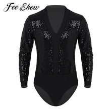 Men One-piece Shiny Sequins Dance Shirt Romper Costume Stage Dancewear Long Sleeve High Cut Dance Bodysuit Short Unitard Leotard