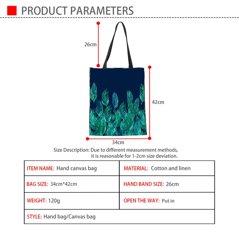 Тикин зеленые акварельные листья на темно-синей кайме Холщовая Сумка ручной работы для женщин путешествия складные длинные Наплечные сумки для шопинга
