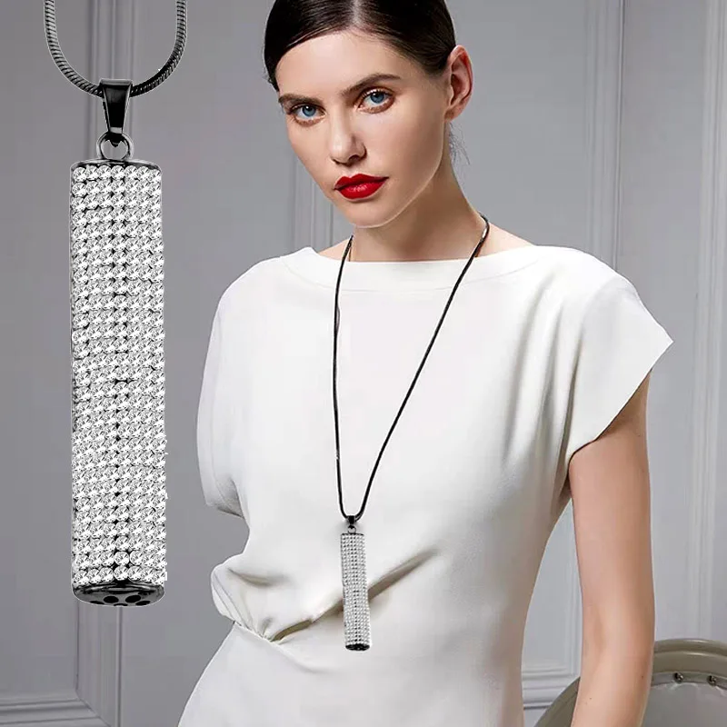 

SINLEERY Vintage Full Cubic Zirconia Cylindrical Pendant Necklace For Women Long Black Chain Jewelry Accessoires My356