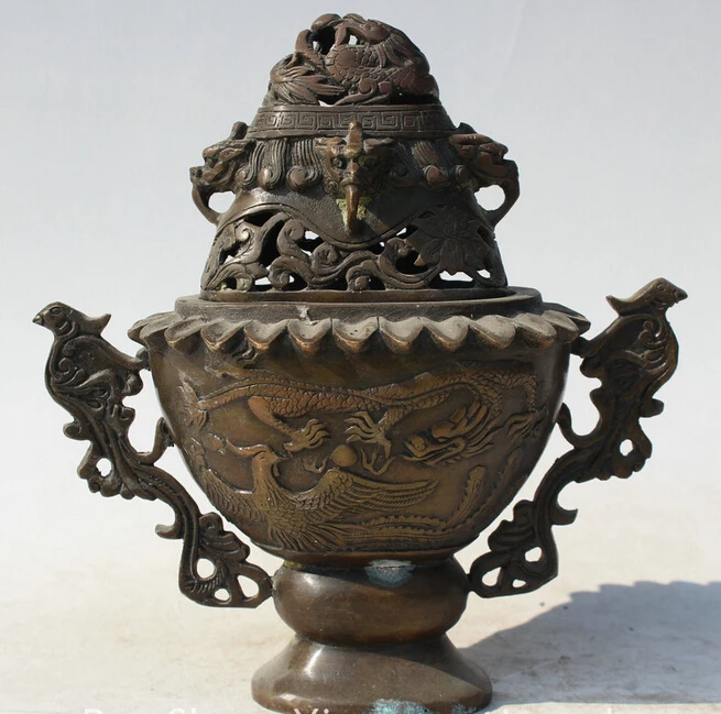 

7" Old Marked Chinese Dynasty Bronze Dragon Phoenix Bead Incense Burner Censer S0706 Discount 35%