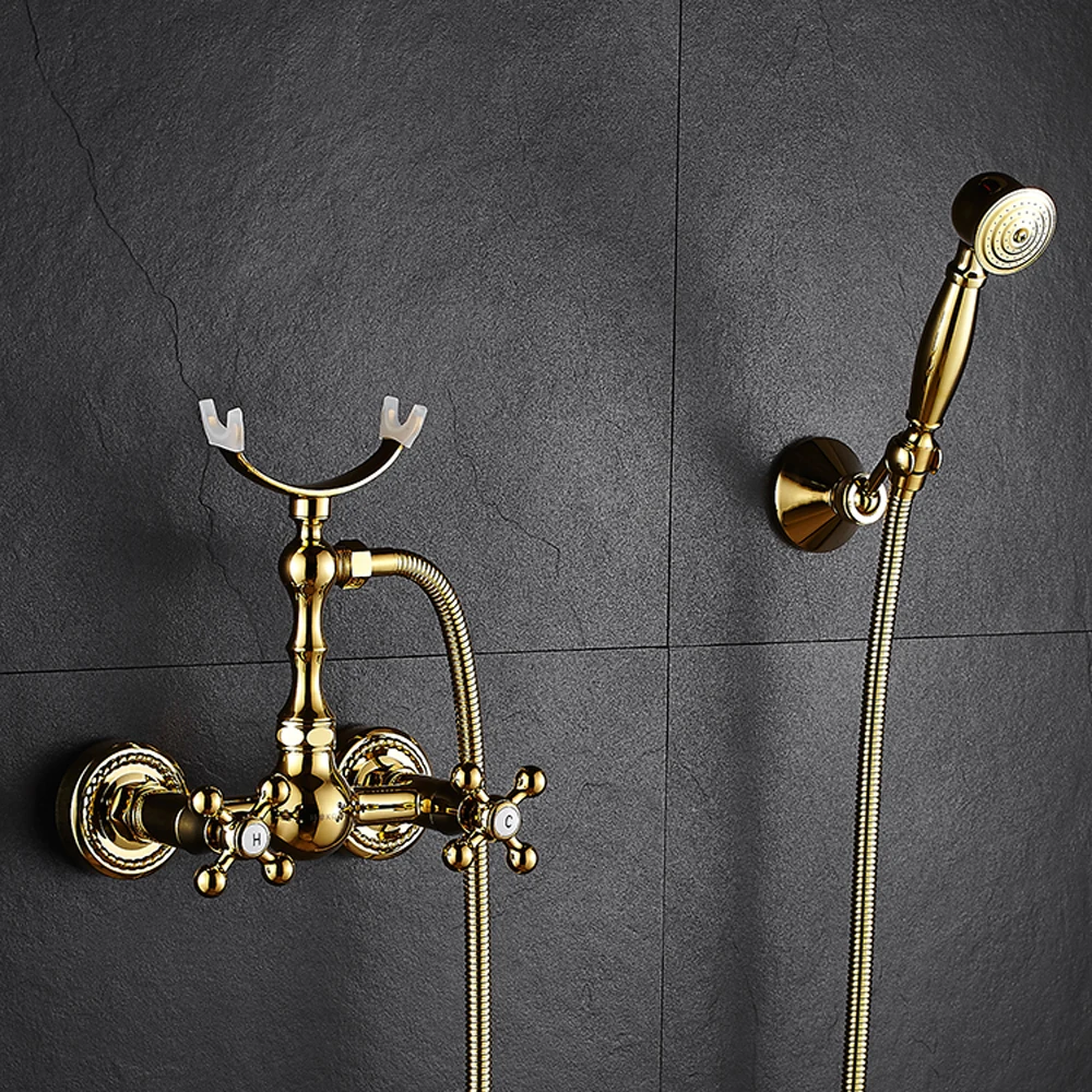 

Shower Faucet Brass Polished Golden Bathtub Faucets Hand Rain Shower Head Tap Luxury Ceramic Telephone Wall Bath Faucet TL097