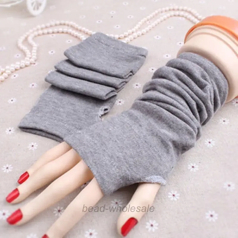 Light gray Горячие женские зимние наручные руки теплые вязаные длинные перчатки, варежки без пальцев#012 - Цвет: Light gray