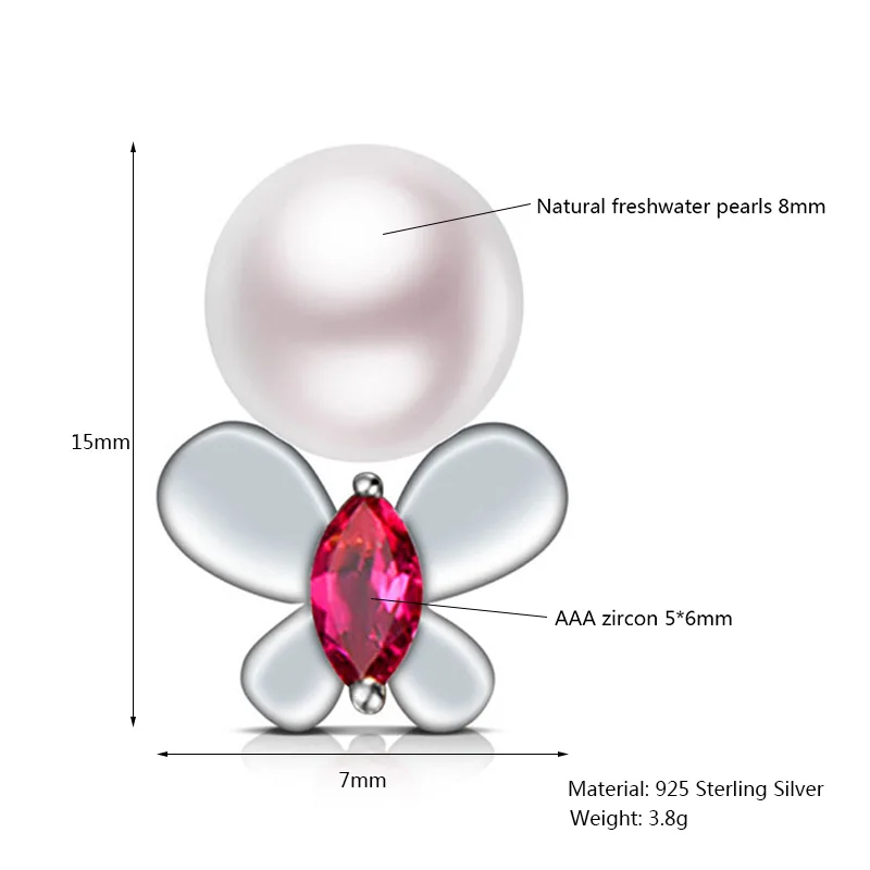 Новый дизайн бабочка серьги Подлинная 925 пробы серебро природный жемчуг AAA серьги с красным Цирконом для Для женщин украшения подарок