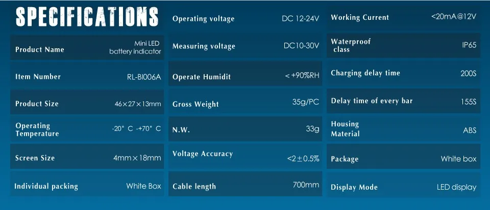 RL-BI006A Светодиодный дисплей 12/24V Батарея датчик Батарея индикатор метр для мотоцикл, фара для электровелосипеда в Снегоход питбайк