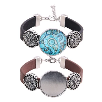 

SWEET BELL 5pcs fit 25mm flower Round cabochon bracelet blanks diy PU leather bracelets base settings for jewelry making D6469