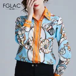 FGLAC Для женщин топы и блузки Новая мода Длинные рукава с отложным воротником печати шифон рубашка офис леди блузка рубашка