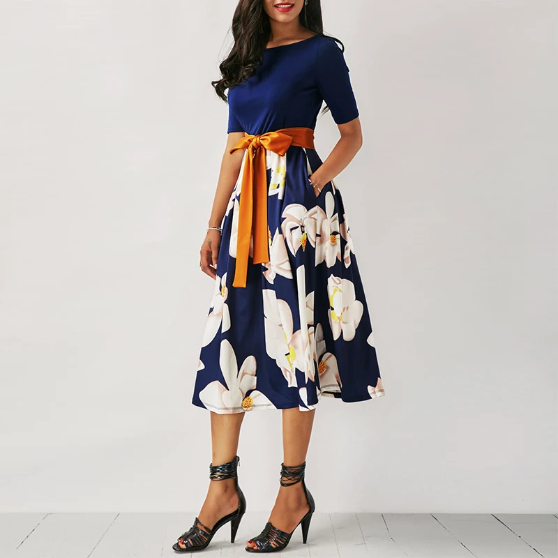 2018 Women Elegant Mid Calf Dress Print O Neck A line Women Summer Short Sleeve party Dress