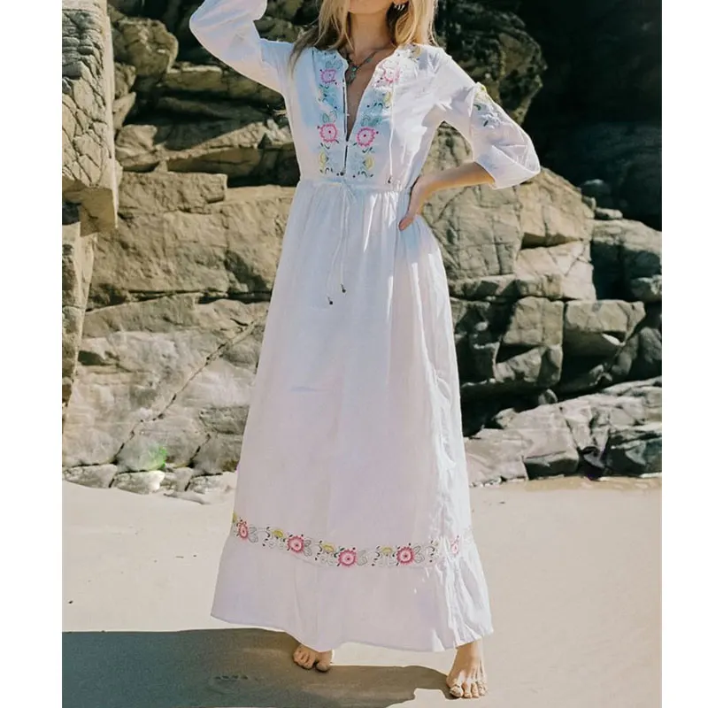 Женское платье с v-образным вырезом и вышивкой в стиле бохо, лето-осень, праздничные пляжные длинные шикарные женские платья в стиле хиппи, вечерние платья с белой веревкой, Vestidos